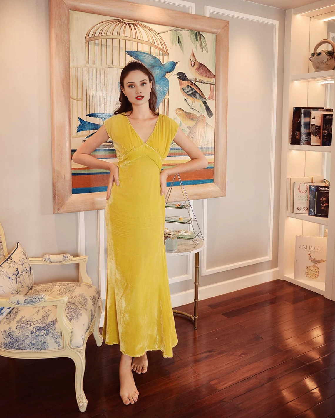 Vestido de fiesta elegante de sirena de terciopelo con escote en V y sin mangas hasta los tobillos